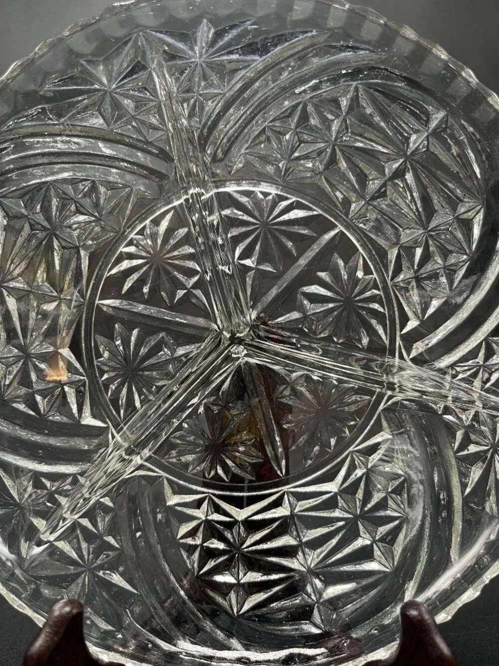Vtg Anchor Hocking Clear Pressed Glass Divided Dish in “Stars and Bars